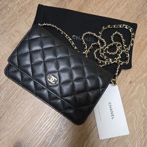 WOC Black Quilted Crossbody Bag with Gold Chain